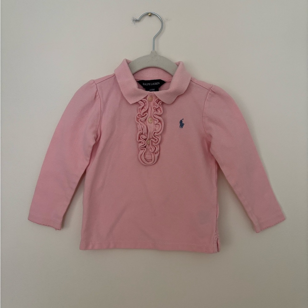 Ralph Lauren Light Pink Ruffle-Front Long Sleeve Polo